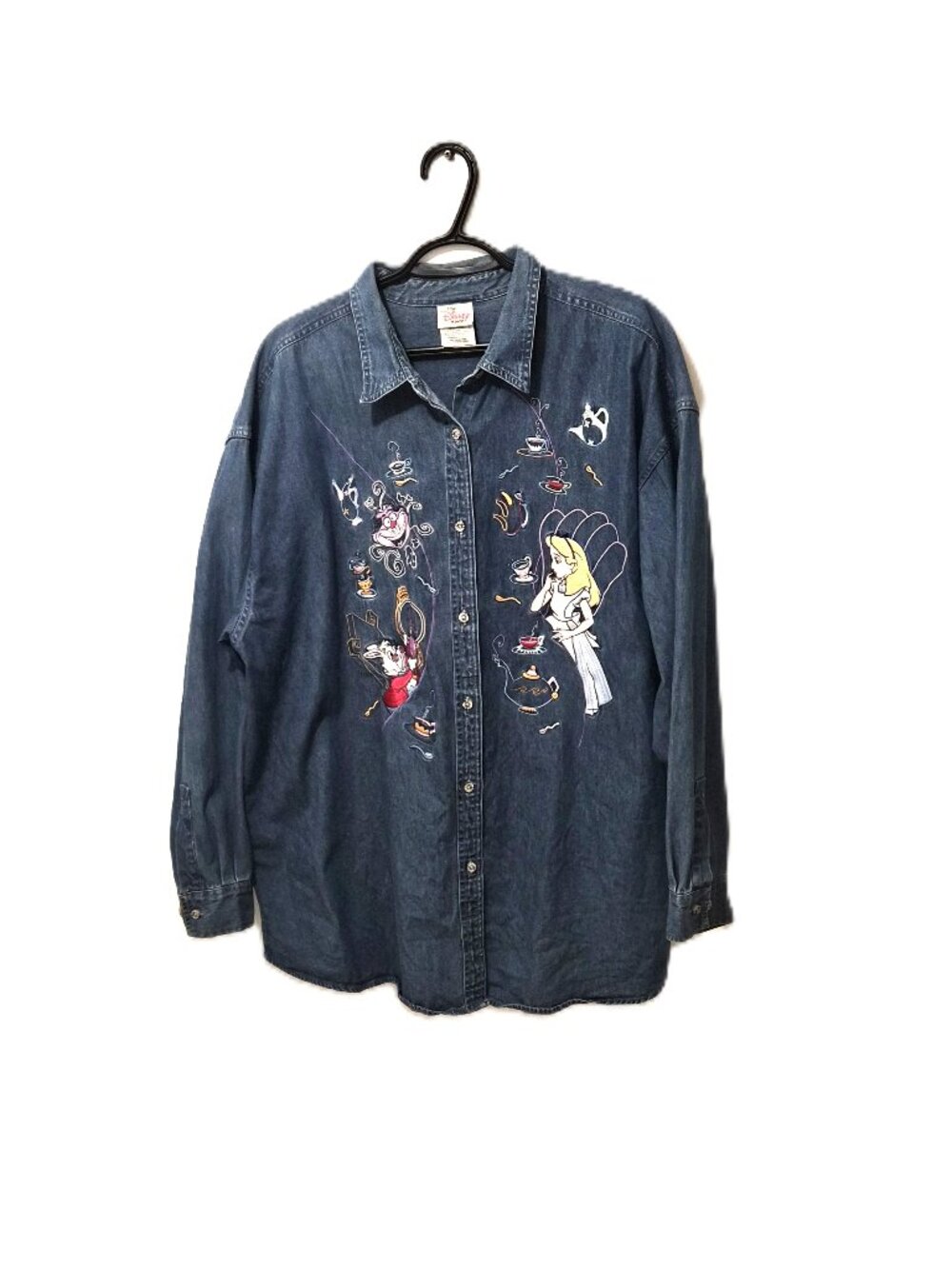 VTG Disney Store Alice in Wonderland Tea Party Denim Shirt Embroidered Kidcore